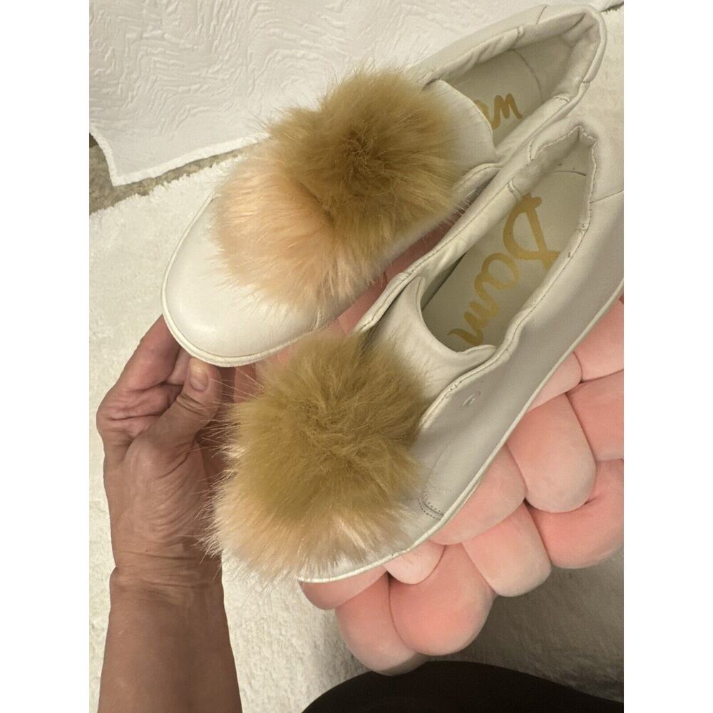 Sam Edelman Leya White Leather Tan Blush Faux Fur Pom Pom Sneaker Shoes Sz 8.5 - Picture 3 of 6